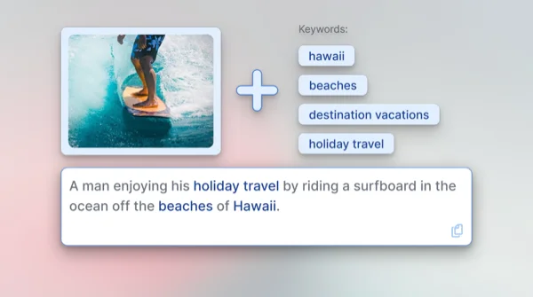 AltText.ai combining a surfer image with SEO keywords like hawaii, beaches, and holiday travel to generate keyword-enriched alt text automatically.