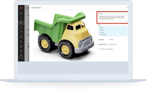 A Magento admin dashboard displaying a product image with a field for alt text generated by AltText.ai. The product is a toy dump truck, and the alt text describes the truck's appearance.