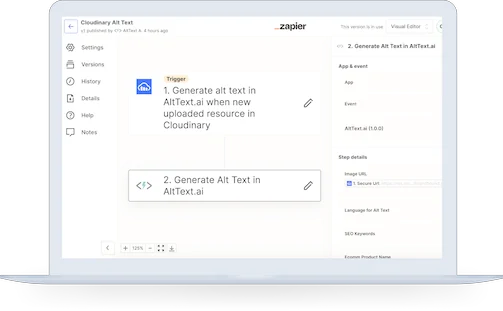 Laptop screen showing a Zapier workflow for generating alt text with AltText.ai, including Cloudinary integration.