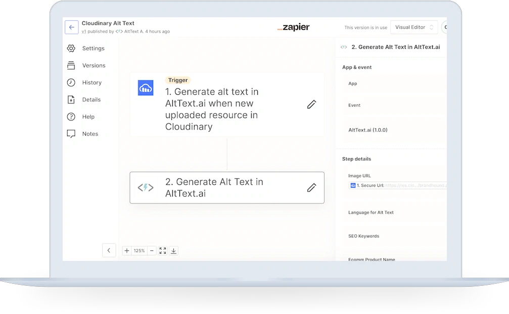 Laptop screen showing a Zapier workflow for generating alt text with AltText.ai, including Cloudinary integration.