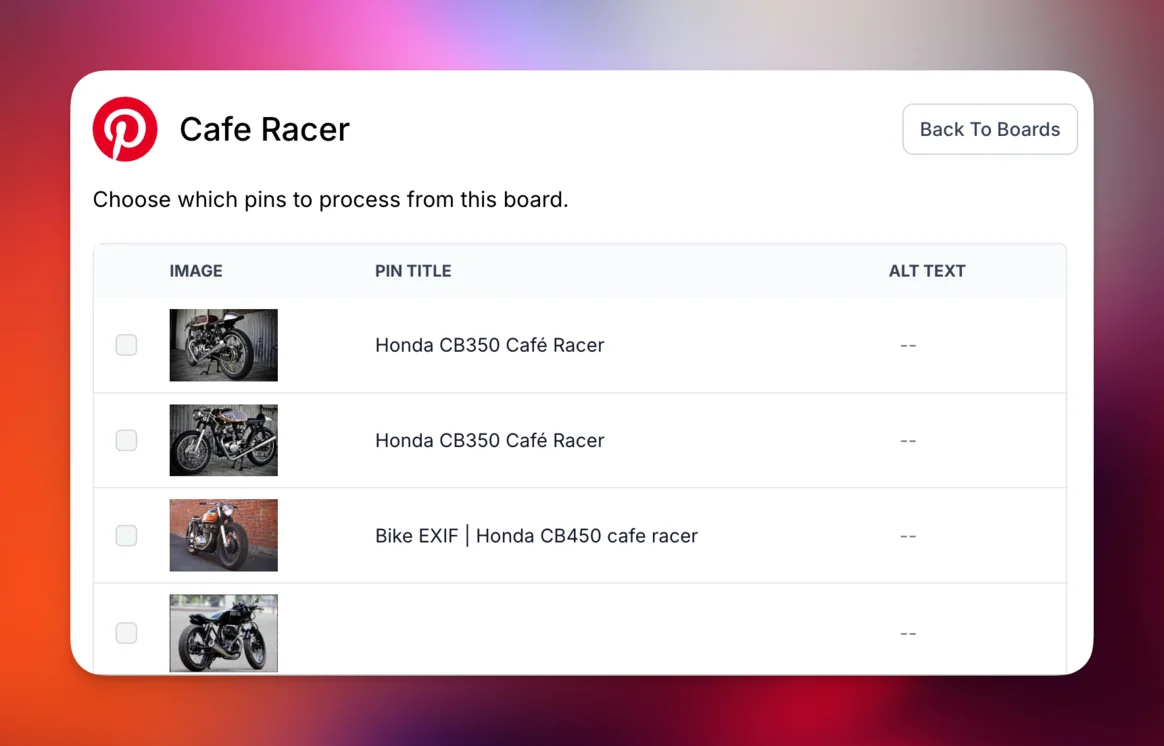 AltText.ai Pinterest integration showing Cafe Racer board with motorcycle pins ready for alt text generation