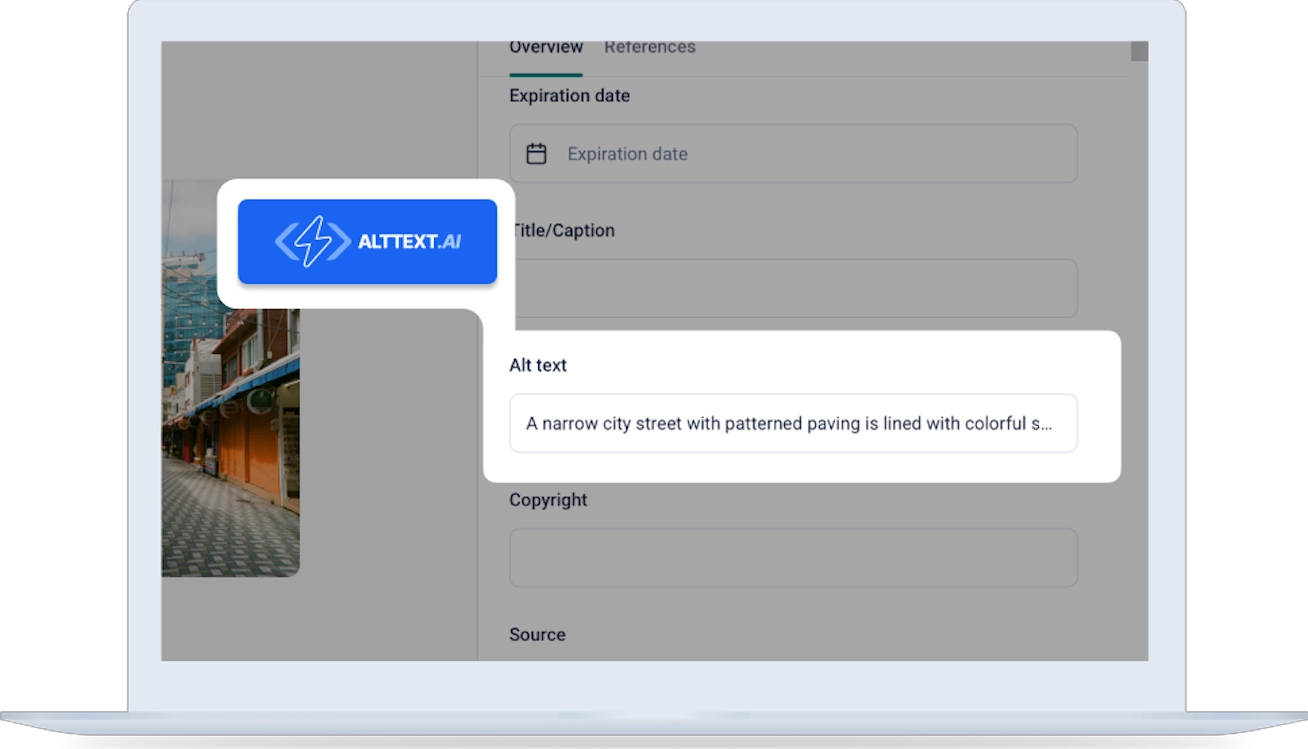 A laptop screen displaying the AltText.ai interface within the Storyblok CMS. The interface shows images with their generated alt text and options to update or add alt text to media library assets.