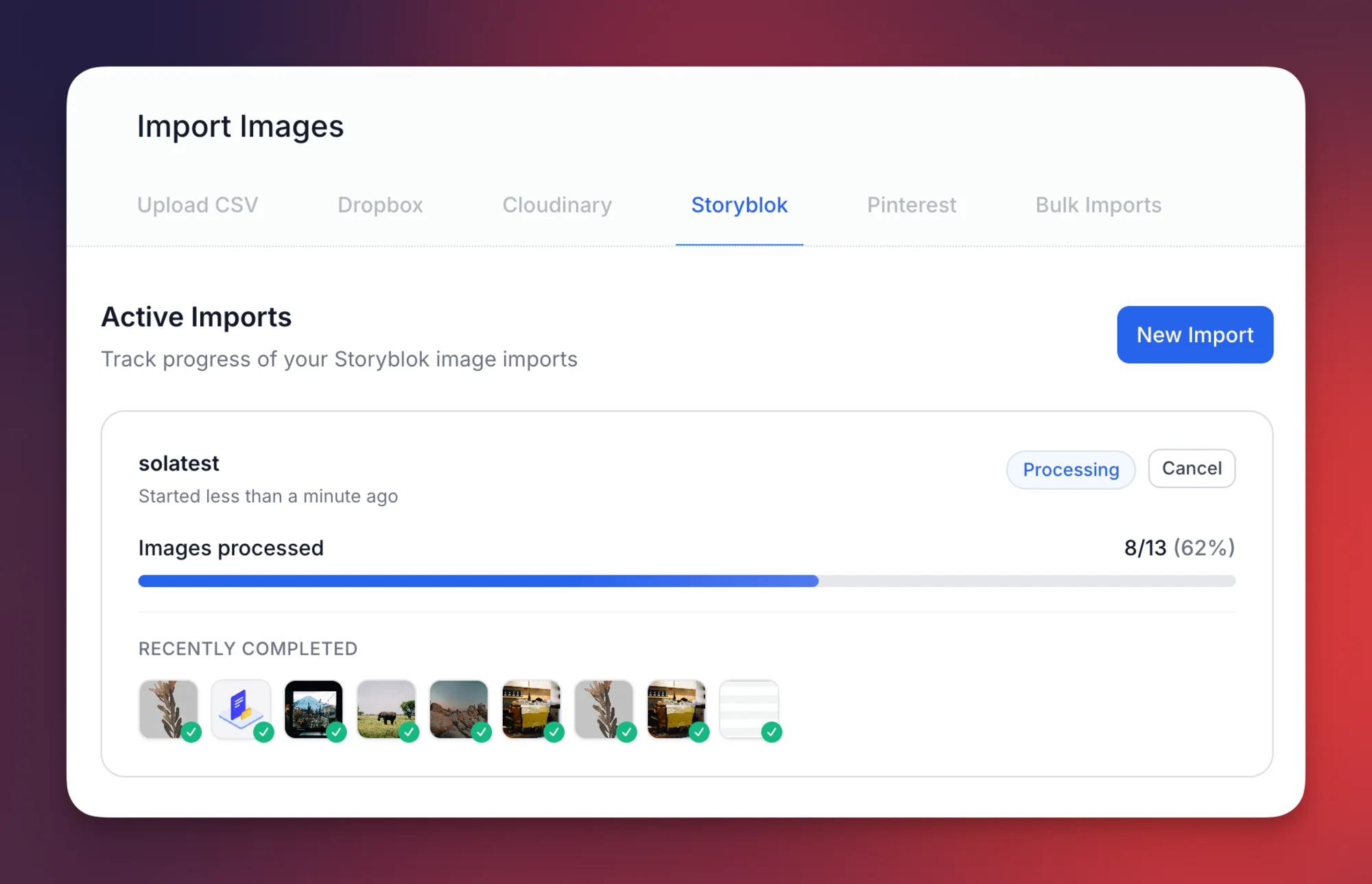 A computer screen displays an Import Images page showing progress for a Storyblok import. 8 out of 13 images are processed; the status is Processing. Thumbnail previews of recently completed images appear below.