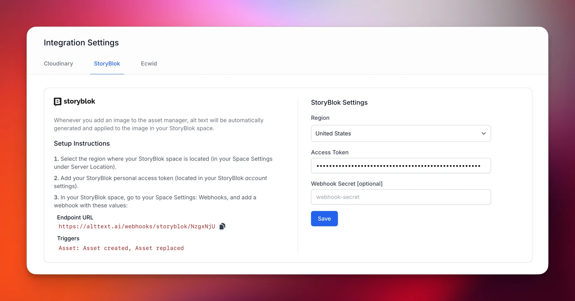AltText.ai Storyblok integration settings showing region selector, access token field, webhook endpoint URL with setup instructions and triggers