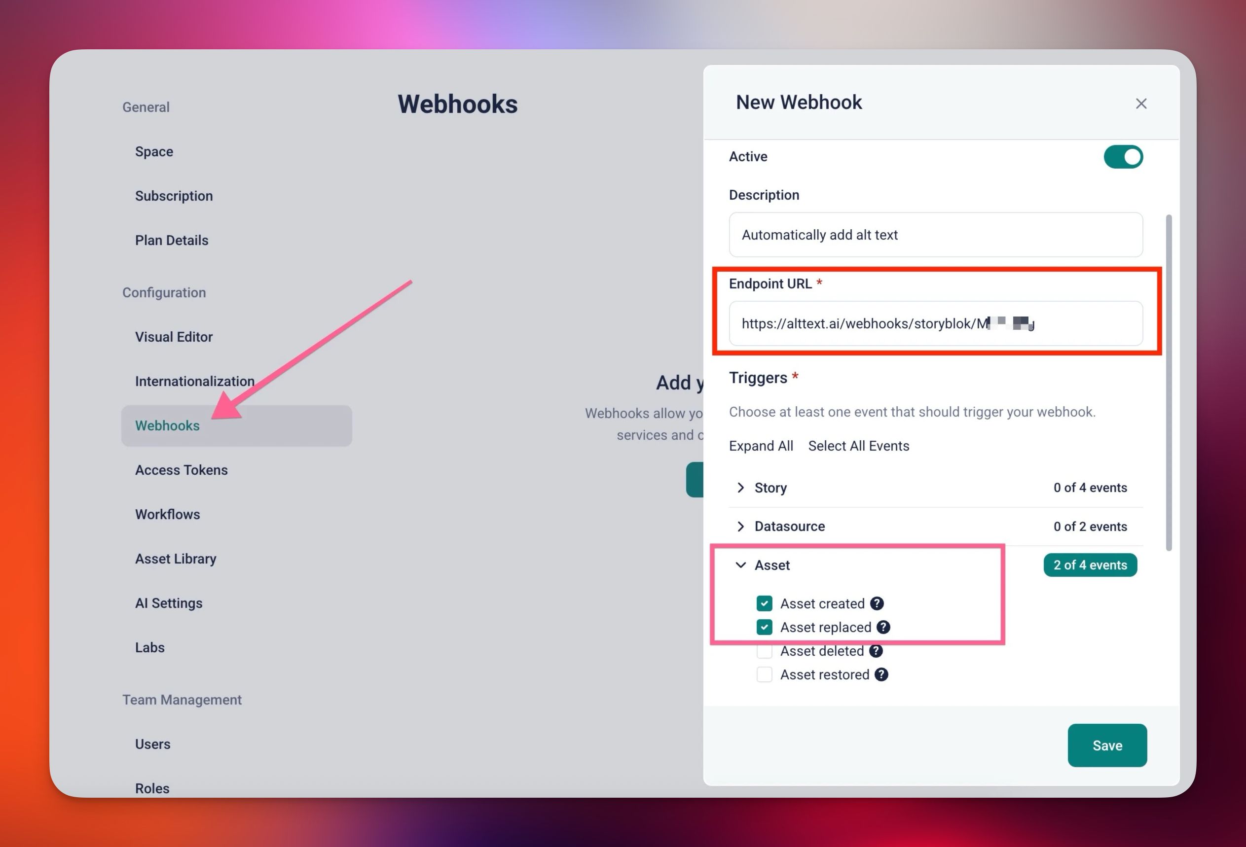Storyblok Space Settings showing Webhooks menu item highlighted, with New Webhook dialog displaying AltText.ai endpoint URL and Asset created/replaced triggers selected.