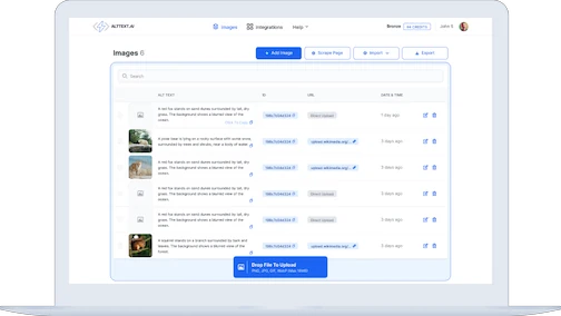A laptop screen displaying the AltText.ai interface with a list of images, their alt text, and options to add, scrape, import, and export images. A file upload area is shown at the bottom.