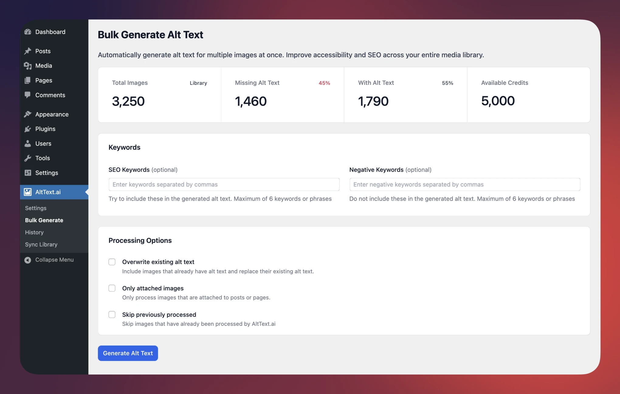 AltText.ai WordPress plugin Bulk Generate screen showing 3,250 total images, 1,460 missing alt text, SEO keywords input, and processing options.