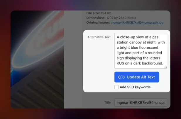 A WordPress media library interface on a laptop screen displaying AltText.ai integration. Images are listed with generated alt text fields, along with options to scrape, import, or export image data.