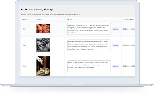 A WordPress media library interface on a laptop screen displaying AltText.ai integration. Images are listed with generated alt text fields, along with options to scrape, import, or export image data.